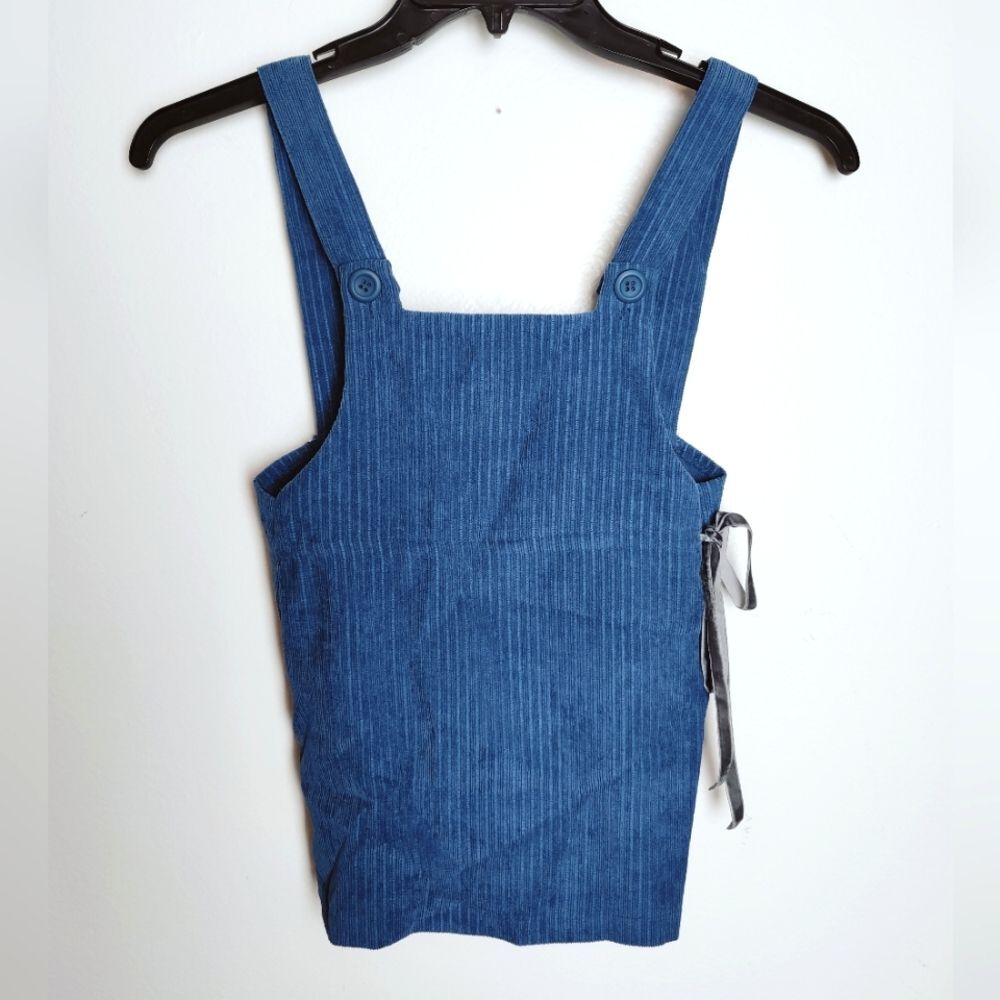Miss MeMe Girls' Blue Corduroy Pinafore Apron Dress/Top Velvet Bow, Sz 3 (6-8Y)